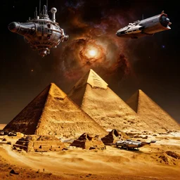 a warm colours, high contrast dark hyperreal deep space pyramids from egipt maschinen krieger mri machine millennium falcon space-station Vuutun Palaa submarine, space-station Vuutun Palaa, ilm, beeple, star citizen halo, mass effect, starship troopers, elysium, the expanse, iron smelting pits, high tech industrial, dramatic nebula sky, volumetric lighting