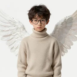 portrait of a scholar angel, fantasy, turtleneck sweater, spread white wings, cute, shy, glasses, medium shot, illustration, digital art, highly detailed, high quality, by charlie bowater and greg rutkowski,