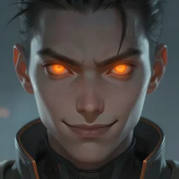 Portrait of a Cybrog by Greg Rutkowski, symmetrical face, Glowing orange eyes, Kubric Stare, crooked smile, highly detailed portrait, scifi, digital painting, artstation, book cover, cyberpunk, concept art, smooth, sharp foccus ilustration, Artstation HQ