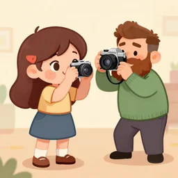cute cartoon character, curled perspective, digital art, attractive girl, smiling beard man taking photo, old photo camera, anton fadeev