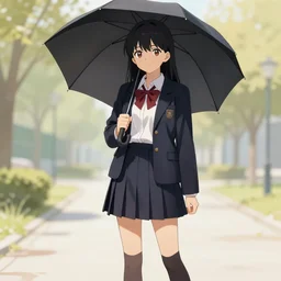 school girl holding an umbrella, school uniform, seifuku, pleated miniskirt, overknee socks, battle angel alita. by rembrandt 1 6 6 7, illustration, by konstantin razumov