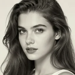vintage black and white photo, aesthetic!!! Beautiful!!!! Woman with long hair, beautiful! Eyes,