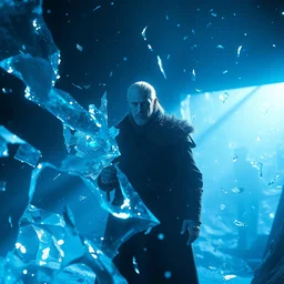 geralt of rivia as doctor strange, long shadow, light colors, blue magic, ice, blue ice, by greg rutkowski, multiple dimensions, shattered glass, refractions, highly detailed, environmental light, cinematic by francis tnehunreal, octane render, nvidia, concept art