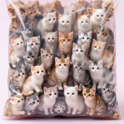 macro shot photograph of dozens of extremely tiny realistic looking kittens inside of a plastic tiny kittens product food bag package, 4 k, highly detailed