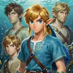 hyperdetailed underwater portrait of link from legend of zelda. by greg rutkowski, highly detailed, digital painting, artstation, smooth, sharp focus illustration, artstation hq. intricate, elegant. art by wlop and artgerm and greg rutkowski, alphonse mucha, medium shot. dan mumford, tomokazu matsuyama, takato yamamoto