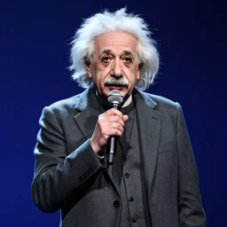 photo in color of albert einstein with a microphone on a stage in a rap battle. highly detailed, 8 k, photorealistic.