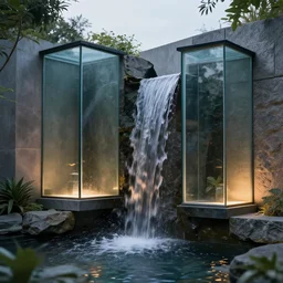 outdoor design, a small waterfall, two glassy residentials, cinematic lighting, high details, realistic, manimalist