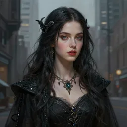 a portrait of anna kendrick as a sorceress, urban motifs, intricate, elegant, highly detailed, digital painting, trending on artstation, concept art, smooth sharp focus, illustration, art by artgerm and greg rutkowski