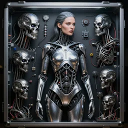 beauty woman wrapped in silver and black rubber, Terminator artifacts, electrical case display, Transformers tech, ultrarealistic, dramatic lighting, electrical details, high details, 4k, 8k, best, accurate, trending on artstation, artstation, photorealism, ultrarealistic, digital painting, style of Peter Mohrbacher, Caravaggio, Hajime Sorayama, Caravaggio, Boris Vallejo