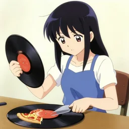a 2 0 0 8 anime still of an anime girl cutting a vinyl record like a pizza.