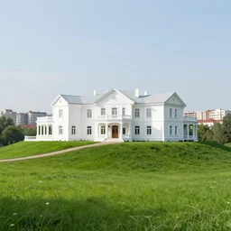 white mansion on a grass hill, overlooking postsoviet city in the background