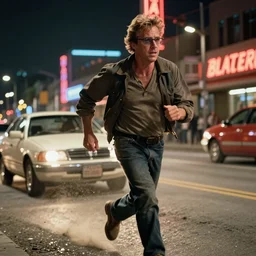 movie still, dustin hoffman as rick deckard, bespectacled, harried, tired expression, chasing a replicant across los angeles at night, neon lighting, blade runner directed by ridley scott,