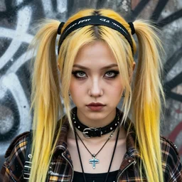 highly detailed closeup portrait of a sewer punk pretty swedish female road warrior student, tartan garment, blonde hair pigtails with headband by atey ghailan, by greg rutkowski, by greg tocchini, by james gilleard, by joe fenton, by kaethe butcher, gradient yellow, black, brown and white color scheme, grunge aesthetic!!! white graffiti tag wall background