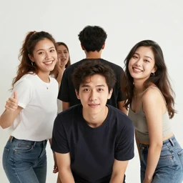 in the front friends partying facing the camera, body forward, in the back a huge crowd and neon art, abstract surrealism