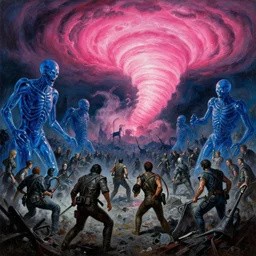oil painting of 1 9 7 8 battle - panorama nightmare of horror blue glass grotesques, hot pink tornado, by alberto bontempi, simon bisley & boris vallejo, hyper realism, cinematical