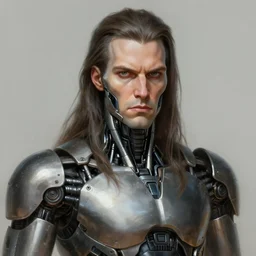 portrait, augmented cybernetic male metal band member, stern expression, long hair, highly detailed, digital painting, artstation, concept art, smooth, sharp focus, illustration, artgerm, tomasz alen kopera, peter mohrbacher, donato giancola, joseph christian leyendecker, wlop, frank frazetta