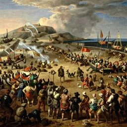 birds eye view battle of cape ecnomus, painting by gustave courbet, high detail, claude joseph vernet, rembrandt, museum painting, masterpiece