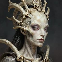 queen alien xenomorph close - up portrait, crown of bones, intricate, elegant, volumetric lighting, scenery, digital painting, highly detailed, artstation, sharp focus, illustration, concept art, gaston bussiere, ruan jia, steve mccurry