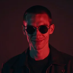 portrait of a slender man with short hair and rounded sunglasses, malevolent smile, atmospheric and obscure, red neon light, by roger deakins, cinematography, syd mead, realistic, 8 0 mm