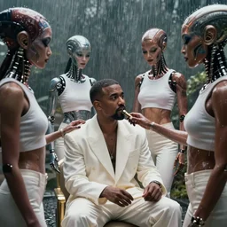 kayne west scene in the movie promethius where alien lobotomizes him for creative music. he sits as romantic cyborg beauties placate him. sexy aliens in cloth white suits wear cropt tops to attend to kanye. rain. film grain color footage. music video style promo for movie. closeup faces