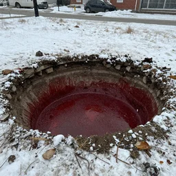 a giant pit in the ground filled with blood vhs footage snowstorm