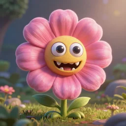 Cute flower monster with sharp teeth and crazy googly-eyes, sam nassour, pixar, artstation