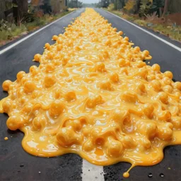 a beautiful painting of the road covered in massive amounts of gooey, wet, melty mac and cheese, painted by greg rutkowski, masterpiece, 4 k, 8 k