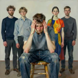 portrait of a young painter with headache sitting on a stool painted by luc tuymans and vincent lefevre and hernan bas and pat steir and hilma af klint and danny fox, psychological, photorealistic, symmetrical face, dripping paint, washy brush, rendered in octane, altermodern, masterpiece