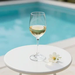 5 5 mm photo of glass of whitewineglass with flower on a zen minimalist round white table with gorgeous pool in the background. highly detailed 8 k. intricate. lifelike. soft light,