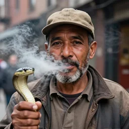 closeup portrait of a snake oil salesman in a smoky new york back street, photograph, natural light, detailed face, magazine, press, photo, Steve McCurry, David Lazar, CANON Eos C300, ƒ1.8, 35mm