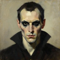 evil cooper, doppelganger, dark black eyes, evil painting by jc leyendecker!! phil hale!, angular, brush strokes, painterly, vintage, crisp