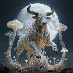 a theriomorphic holobiont, mushroom, concept art, mycorrhiza, bull god with horns, moon, translucidluminescence, intricate, kim jung gi, james jean, shaun tan, meridians, organic detail, cinematic, epic wide shot, ultra detailed, sharp focus, smooth, global illumination, photorealistic, 8 k render