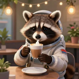 portrait of a cute humanoid raccoon wearing a space jumpsuit drinking a latte in a cafe with glowing string lights, flowering houseplants in the background, cinematic, intricate details, trending on artstation, digital painting, anime key visual,