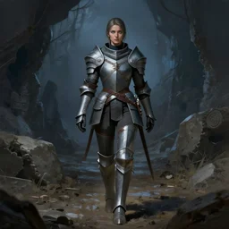 full body character portrait of a female grey warden from dragon age walking through muddy underground dwarven ruins wearing grey warden clothes, dragon age concept art, dragon age concept art, blue and grey color scheme, illustration, digital painting, matte painting, realistic lighting, with a realistically proportioned face, glowing eyes, photorealistic eyes, good value control, realistic shading