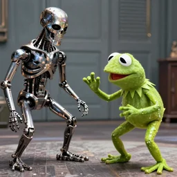 Kermit the frog fighting the Terminator, style film