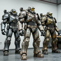 low angle wide shot photo taken of an epic intricate, ultra detailed, super realistic gritty, hero prop, exquisitely weathered very clunky, bulky fallout 5 power armour suits movie prop replica's in a row in the workshop, created by weta workshop, full body shot, photorealistic, sharp focus, white wall, cold colour temperture, golden ratio