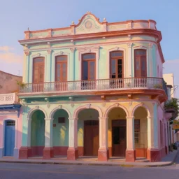 beautiful painting of cuban houses and storefront without characters, colonial architecture, intricate and smooth colors, front view, trending in artstation, colorful octane render, dawn light, art style by disney and robh ruppel