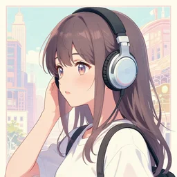 girl wearing headphones, city background, very anime!!! anime!! intricate details, pleasing pastel colors, poster background, art by conrad roset and ilya kuvshinov