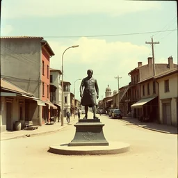 vintage color photo of a bronze sculpture in the middle of a poor town street, image by werner herzog