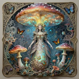 a mushroom queen in her 3 d bioluminescent radically alive world of fungal fractals and butterflies, intricate mycelial lace, fractalpunk, rococo, inspired by peter mohrbacher & james jean & william morris & ernst haeckel & alphonse mucha — w 7 0 0