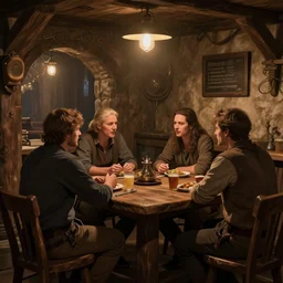 people talking inside a tavern, fantasy art, cozy, dnd, digital art, 4 k