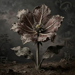 a flower made of veins and muscle tissue growing from the earth, elegant, dark, by ambrosius benson and beksinski, a touch of giuseppe arcimboldo, realistic, renaissance, zoomed out, epic shot