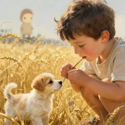 a close-up of a little naughty boy playing with a puppy in the gold field gently swaying in the breeze, by Yoshitomo Nara