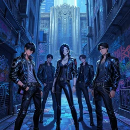 a cyberpunk gang in the alleyway between art deco buildings, graffiti, fine detail, intricate, polished, blue color scheme, digital art, illustration, by john smith and noriyoshi ohrai and george luks