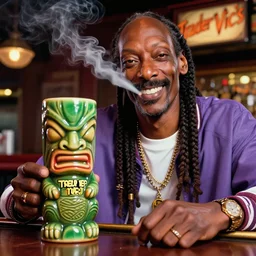 a closeup photorealistic photograph of happy blunt smoking snoop dogg at trader vic's bar sitting next to a trader vic's themed tiki mug with snoop dogg's face. tiki culture. bright scene. 4 k hd image that's trending on artstation, featured on behance, well rendered, extra crisp, features epic composition and the style of unreal engine.