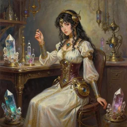 middle eastern scifi alchemist in a well - lit study with crystals, wearing a lovely dress with steampunk elements. this oil painting by the award - winning mangaka has an interesting color scheme and impeccable lighting.