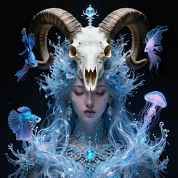 goddess macro shouler portrait from bottom to top in crown made of ram skull. betta fish, jellyfish phoenix, bioluminiscent, plasma, ice, water, wind, creature, super intricate ornaments artwork by tooth wu and wlop and alena aenami and greg rutkowski