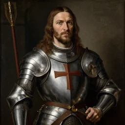 renaissance painting of Tom Hardy as crusader, long hair, wearing full armour, crusader cross on chest, by Arthur Adams, Diego Gisbert Llorens