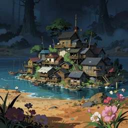 a beautiful ultradetailed anime illustration of fishing village building by vija celmins, at night forest postcyberpunk flowers desert azeroth dramatic lighting water tokyo, archdaily, wallpaper, highly detailed, trending on artstation.