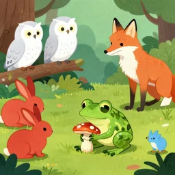 a little frog eating mushroom, red rabbits, white owls, blue foxs,